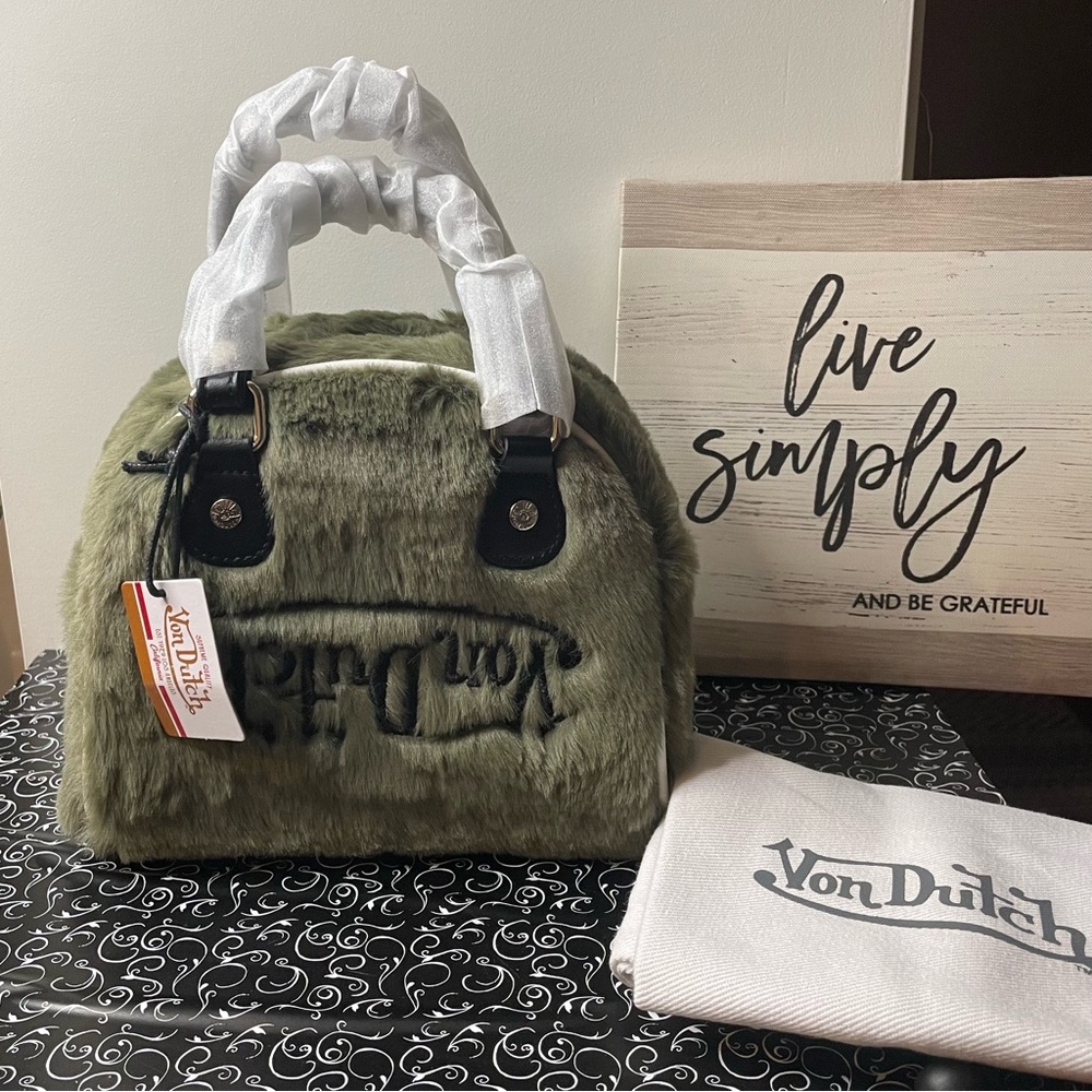 SOLD Von Dutch Sage Green Furry Small Bowling Crossbody Hand Bag